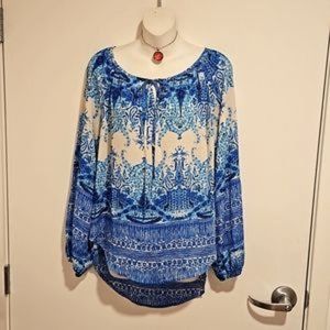 MISIA Blue and white long sleeve paisley print Med. tie neck detail flowy EUC